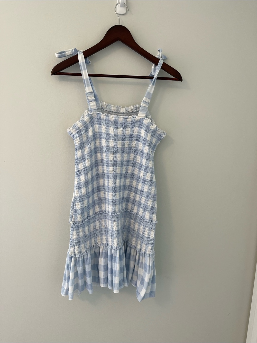 Japna Smocked Gingham Tie-Strap Mini Dress Blue & White S - Picture 7 of 11